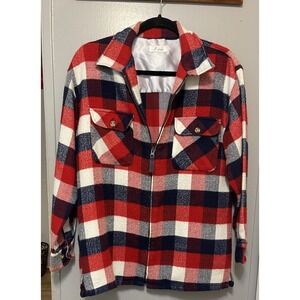 Pierre Full Zip Wool Red White And Blue Plaid Jacket Shirt Men's Medium Soft